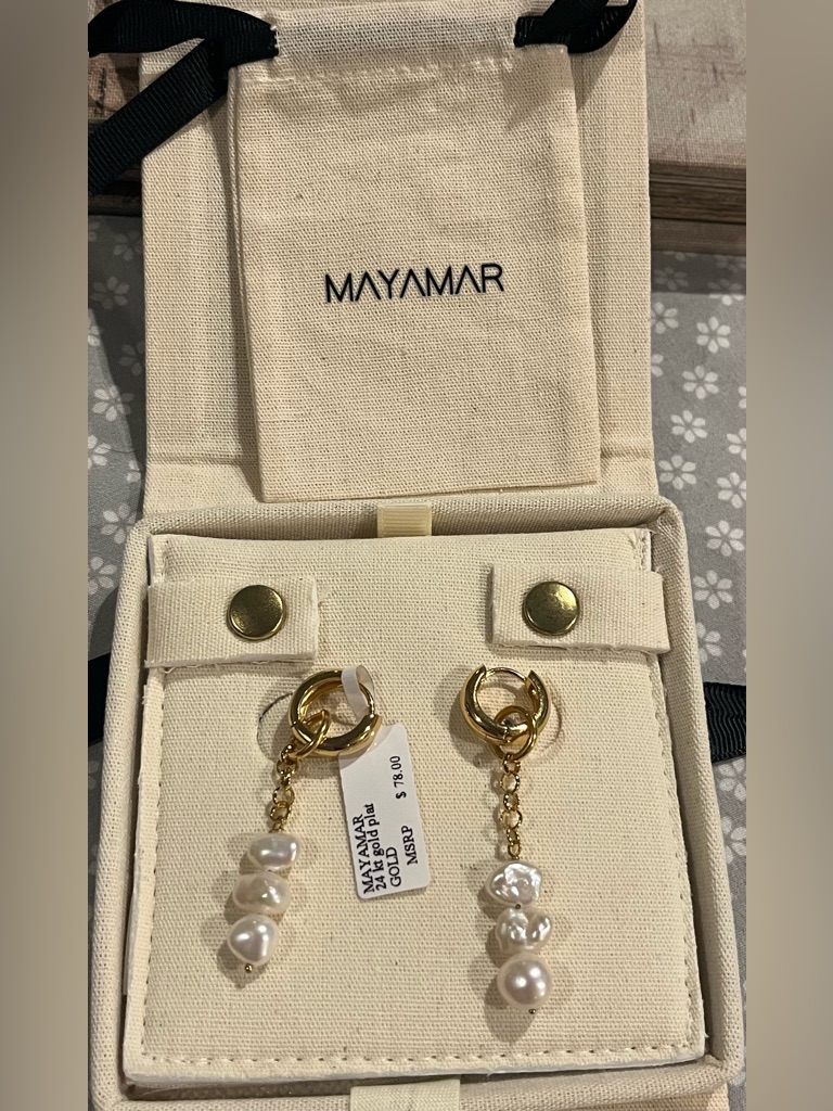 Mayamar 24kt Gold Plated Hoop Earrings With Pearl Drops Nwt And Box 36$